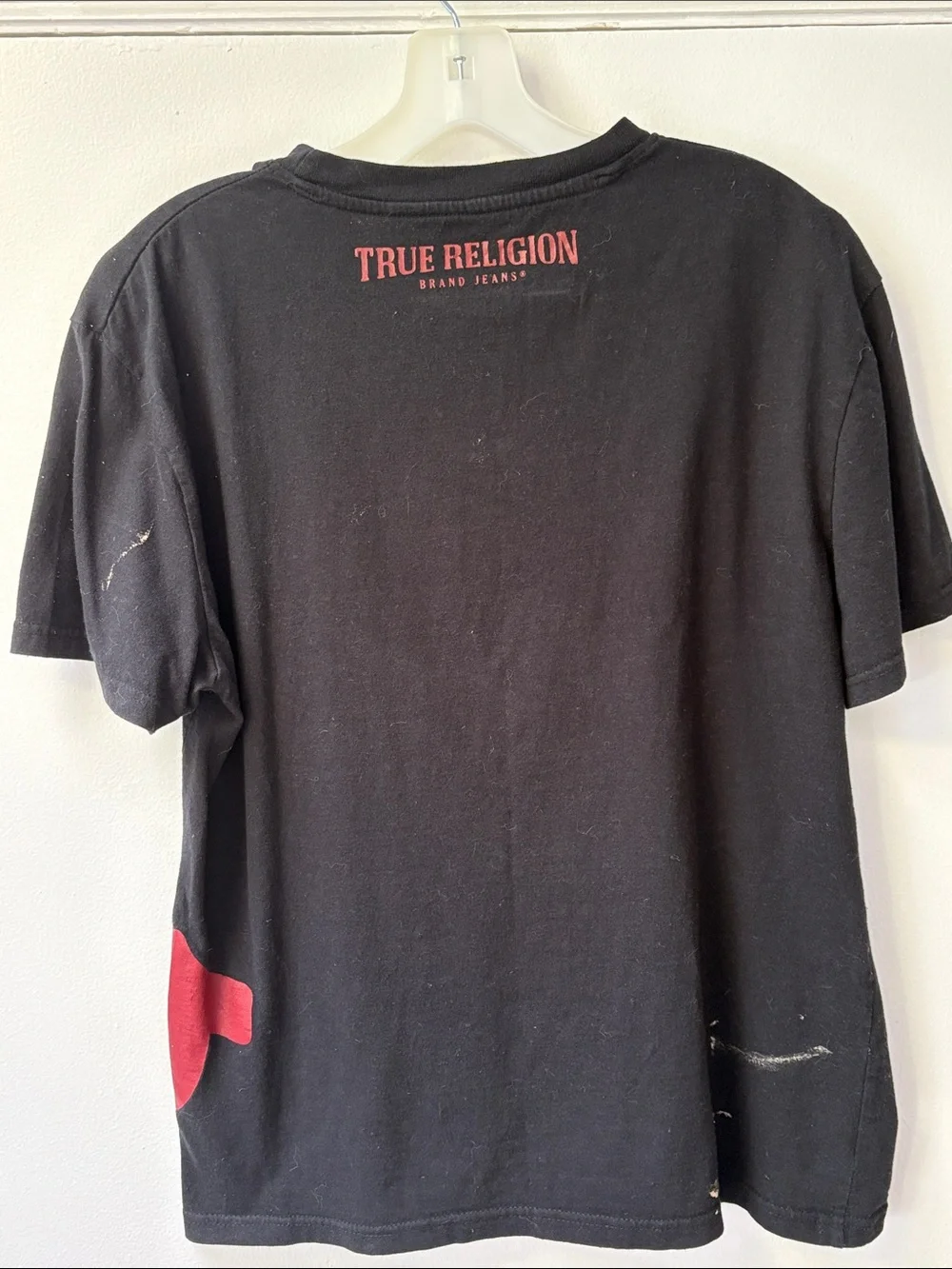 True Religion Black Distressed T-shirt Red Horseshoe White Paint Splatter Mens M